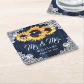 Elegant Navy Blue Wood Lace Sunflower Wedding Kartonnen Onderzetters (Schuin)