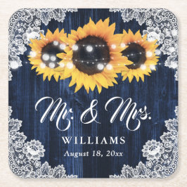 Elegant Navy Blue Wood Lace Sunflower Wedding Kartonnen Onderzetters