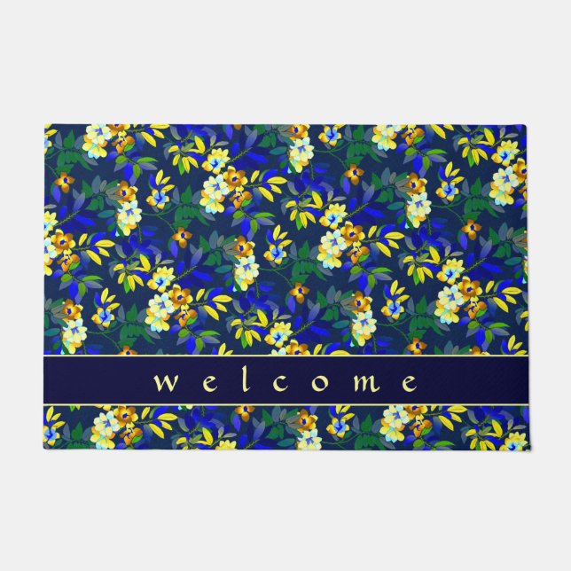 Elegant Navy Blue & Yellow Floral | Welkom Deurmat (Voorkant)