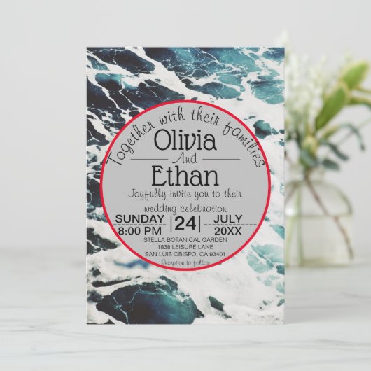 Elegant Navy Blue Zee Waves Kustbruiloft Kaart (Staand voorkant)