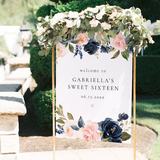 Elegant Navy Blush Bloemen Sweet 16 Welkom Poster