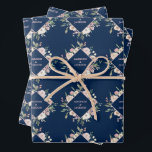 Elegant Navy Blush Blush Pink Peony Floral Wedding Inpakpapier Vel<br><div class="desc">Lichtroze en ivoorkleurige waterverf bloemen op kastanjeblauw omslagpapier met een prachtige diamant met blozen en ivoorpels. Deze mooie cadeauomslag van de paardenbloem van de paardenbloem bevat de namen die in het ontwerp zijn gepersonaliseerd. Pas dit elegante omslagpapier voor uw vrienden op hun speciale dag aan of gebruik dit als bruid...</div>