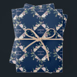 Elegant Navy Blush Blush Pink Peony Floral Wedding Inpakpapier Vel<br><div class="desc">Lichtroze en ivoorkleurige waterverf bloemen op kastanjeblauw omslagpapier met een prachtige diamant met blozen en ivoorpels. Deze mooie cadeauomslag van de paardenbloem van de paardenbloem bevat de namen die in het ontwerp zijn gepersonaliseerd. Pas dit elegante omslagpapier voor uw vrienden op hun speciale dag aan of gebruik dit als bruid...</div>