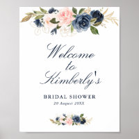 elegant navy & blush bruiloftsshower welkomstbord