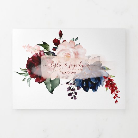 Elegant Navy Blush Burgundy Waterverf Flowers Drieluik Uitnodiging (Cover)