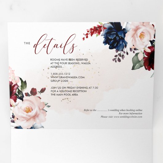 Elegant Navy Blush Burgundy Waterverf Flowers Drieluik Uitnodiging (Binnenzijde eerst)