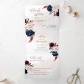 Elegant Navy Blush Burgundy Waterverf Flowers Drieluik Uitnodiging (Binnen)