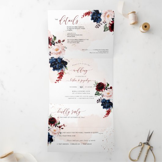 Elegant Navy Blush Burgundy Waterverf Flowers Drieluik Uitnodiging (Binnen)