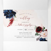 Elegant Navy Blush Burgundy Waterverf Flowers Drieluik Uitnodiging (Binnenkant midden)