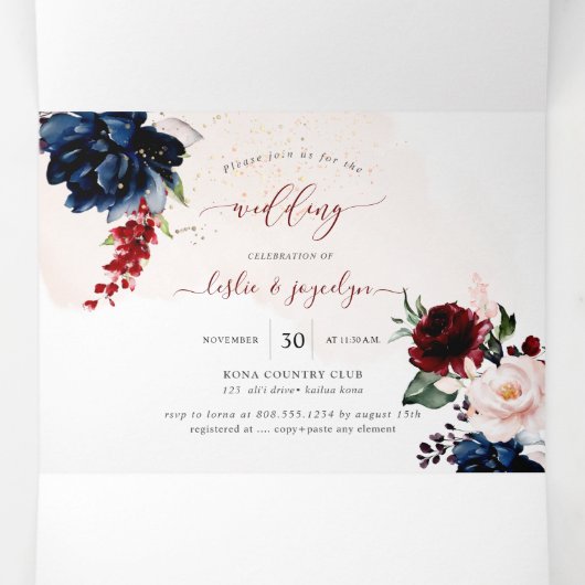 Elegant Navy Blush Burgundy Waterverf Flowers Drieluik Uitnodiging (Binnenkant midden)
