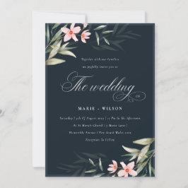Elegant Navy Blush Greenery Floral Wedding Invite Bedankkaart