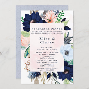 Elegant Navy Blush Pink Florals Rehearsal Dinner I Kaart
