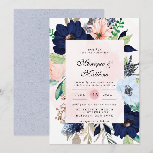 Elegant Navy Blush Pink Florals Weddenschap Kaart (Voorkant / Achterkant)
