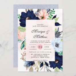 Elegant Navy Blush Pink Florals Weddenschap Kaart