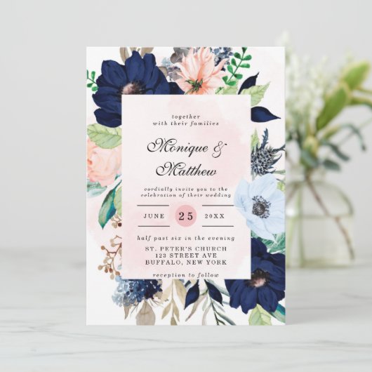 Elegant Navy Blush Pink Florals Weddenschap Kaart (Staand voorkant)