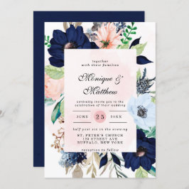 Elegant Navy Blush Pink Florals Weddenschap Kaart