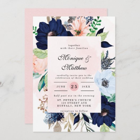 Elegant Navy Blush Pink Florals Weddenschap Kaart (Voorkant / Achterkant)