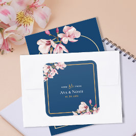 Elegant Navy Blush Pink Magnolia Floral Wedding Vierkante Sticker