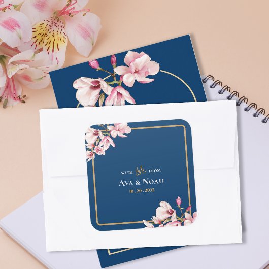 Elegant Navy Blush Pink Magnolia Floral Wedding Vierkante Sticker