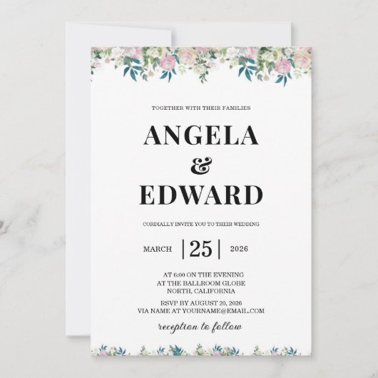 Elegant Navy Blush Pink Wedding Invitation Kaart (Voorkant)