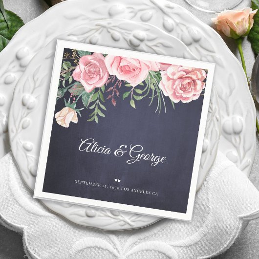 Elegant navy blush roze waterverf florale bruiloft servet