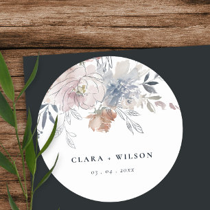 Elegant Navy Blush Waterverf Bloemen Bruiloft Ronde Sticker
