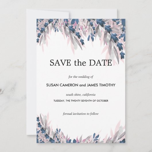 Elegant Navy Blush waterverf bloemenbewaring Save The Date (Voorkant)