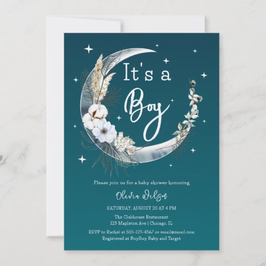 Elegant Navy Boho Pampas Grass Moon Baby shower Kaart (Voorkant)