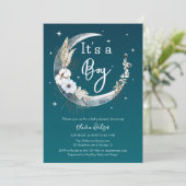 Elegant Navy Boho Pampas Grass Moon Baby shower Kaart (Staand voorkant)