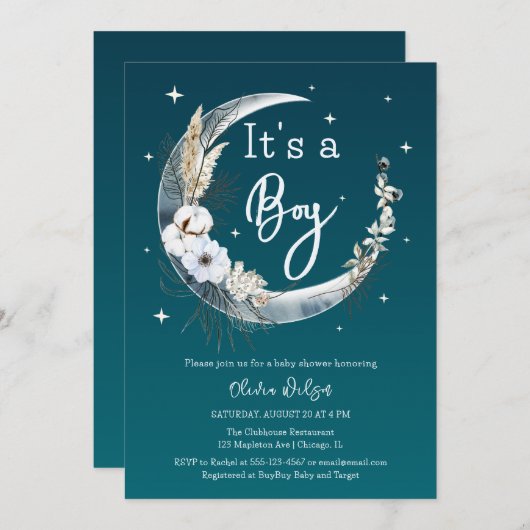 Elegant Navy Boho Pampas Grass Moon Baby shower Kaart (Voorkant / Achterkant)