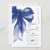 Elegant Navy Bow Coquette Script Sweet 16 Party  Kaart (Voorkant)