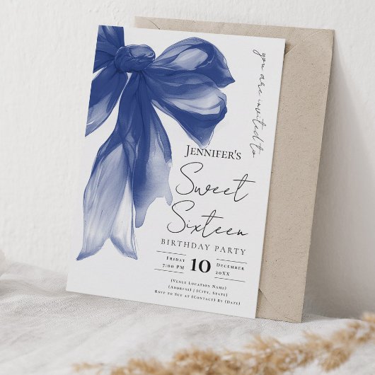 Elegant Navy Bow Coquette Script Sweet 16 Party  Kaart
