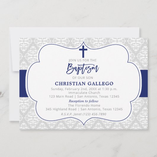 Elegant Navy Boy Baptism Invitation Kaart (Voorkant)