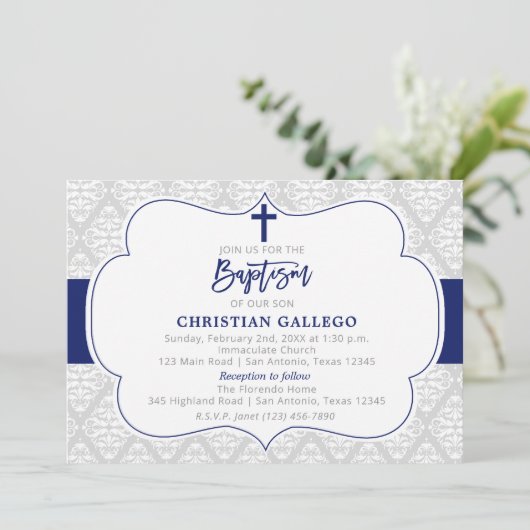 Elegant Navy Boy Baptism Invitation Kaart (Staand voorkant)