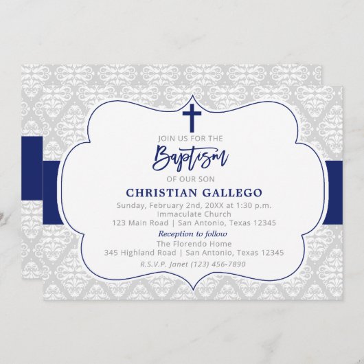 Elegant Navy Boy Baptism Invitation Kaart (Voorkant / Achterkant)