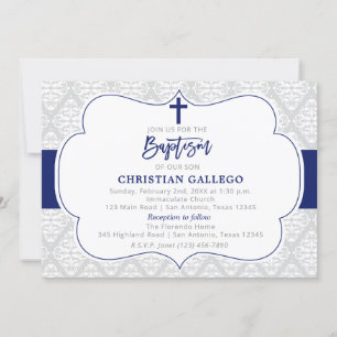 Elegant Navy Boy Baptism Invitation Kaart