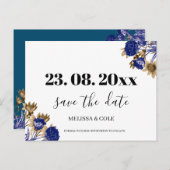 Elegant Navy Brown Minimalist Floral Save the Date Aankondigingskaart (Voorkant / Achterkant)