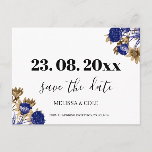 Elegant Navy Brown Minimalist Floral Save the Date Aankondigingskaart (Voorkant)