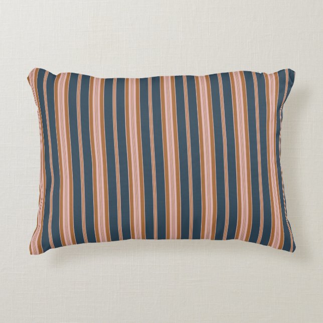 Elegant Navy Brown Pink Ticking Stripe Accent Kussen (Voorkant)