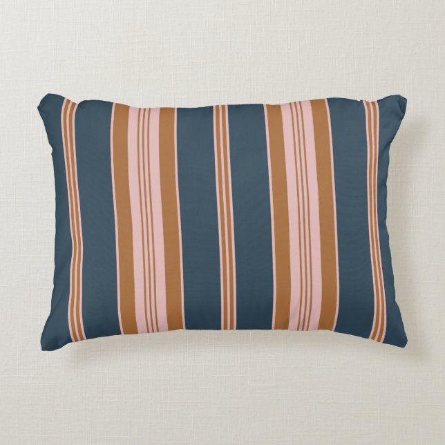 Elegant Navy Brown Pink Ticking Stripe Accent Kussen (Voorkant)