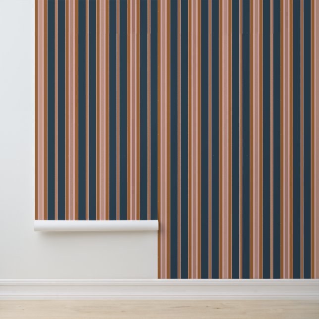 Elegant Navy Brown Pink Ticking Stripe Behang (Applicatie)