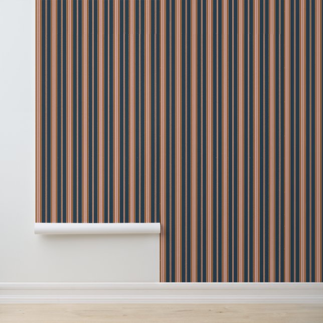 Elegant Navy Brown Pink Ticking Stripe Behang (Applicatie)
