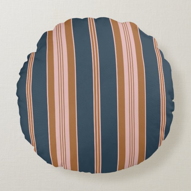 Elegant Navy Brown Pink Ticking Stripe Rond Kussen (Voorkant)