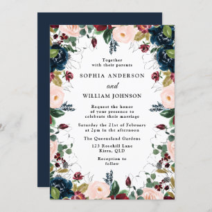 Elegant Navy Burgundy Blush Floral Wreath Wedding Kaart