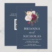 Elegant Navy Burgundy Floral all in one Wedding Kaart (Voorkant / Achterkant)