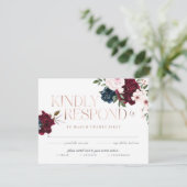Elegant Navy Burgundy Floral Waterverf Roos Gold RSVP Kaartje (Staand voorkant)