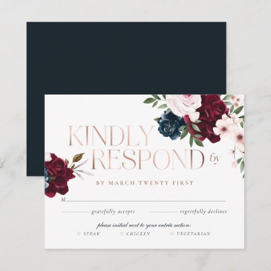 Elegant Navy Burgundy Floral Waterverf Roos Gold RSVP Kaartje (Voorkant / Achterkant)