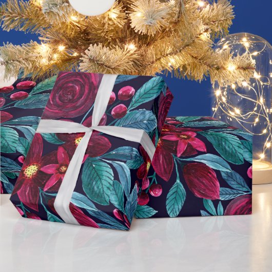 Elegant Navy Burgundy kerstFloral Waterverf Cadeaupapier (Feestdagen)