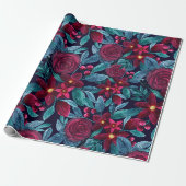 Elegant Navy Burgundy kerstFloral Waterverf Cadeaupapier (Uitgerold)