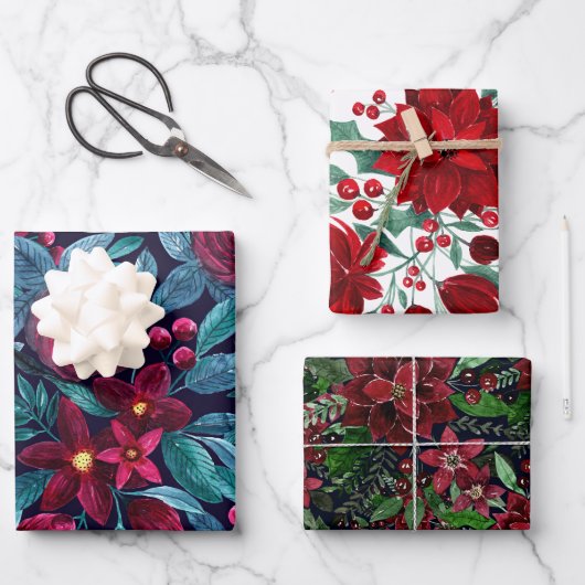 Elegant Navy Burgundy kerstFloral Waterverf Inpakpapier Vel (Voorkant)